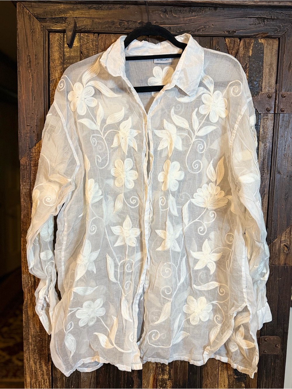 Vintage 3 Suisses Le Chouchou White Sheer Cotton Embroidered Boho Blouse L